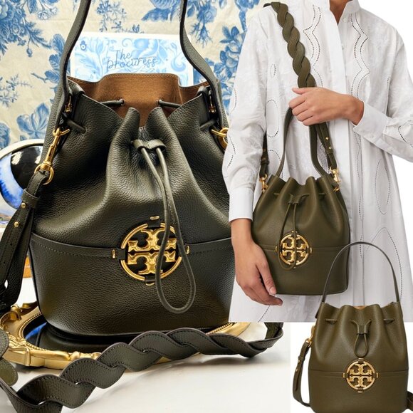 🆕 TORY BURCH 🧿 NWOT Miller Bucket Bag, Leccio Olive Green - AUTHENTICATED - Picture 1 of 16